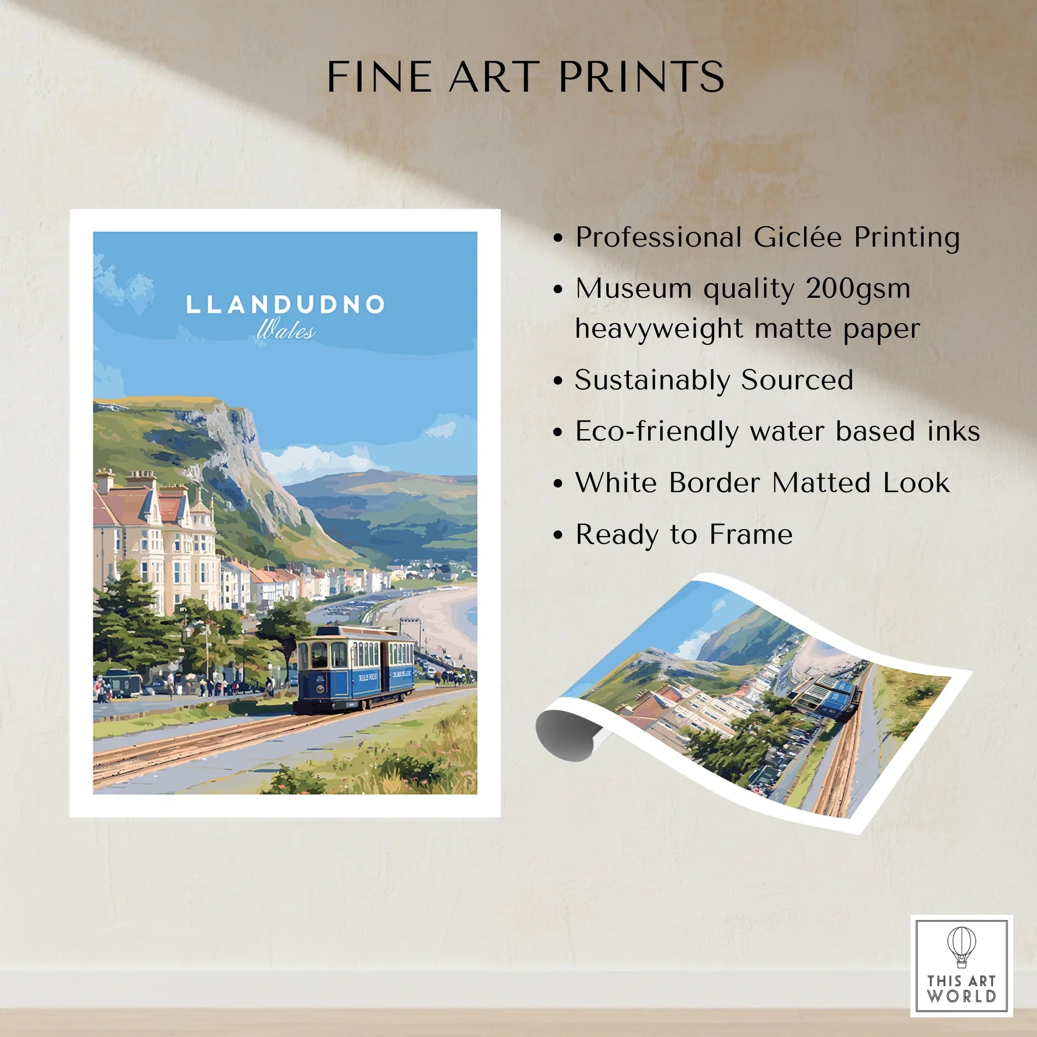 Llandudno Wales travel poster print featuring a tram, coastal landscape, and fine art print details.