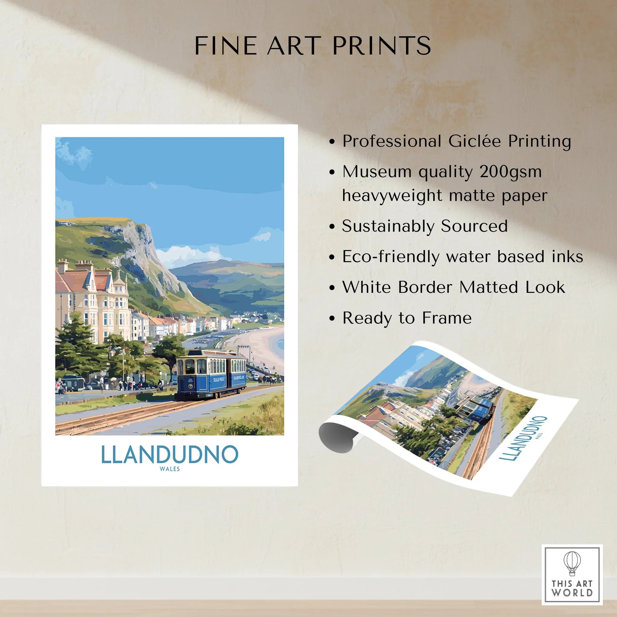 Llandudno travel poster art print featuring a vintage tram, coast, and scenic landscape.