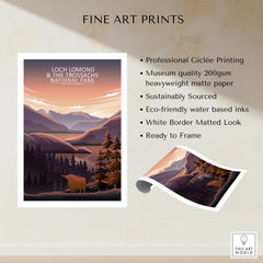 Loch Lomond and The Trossachs National Park fine art print with scenic mountain landscape and highland cow illustration, unframed and ready to display.