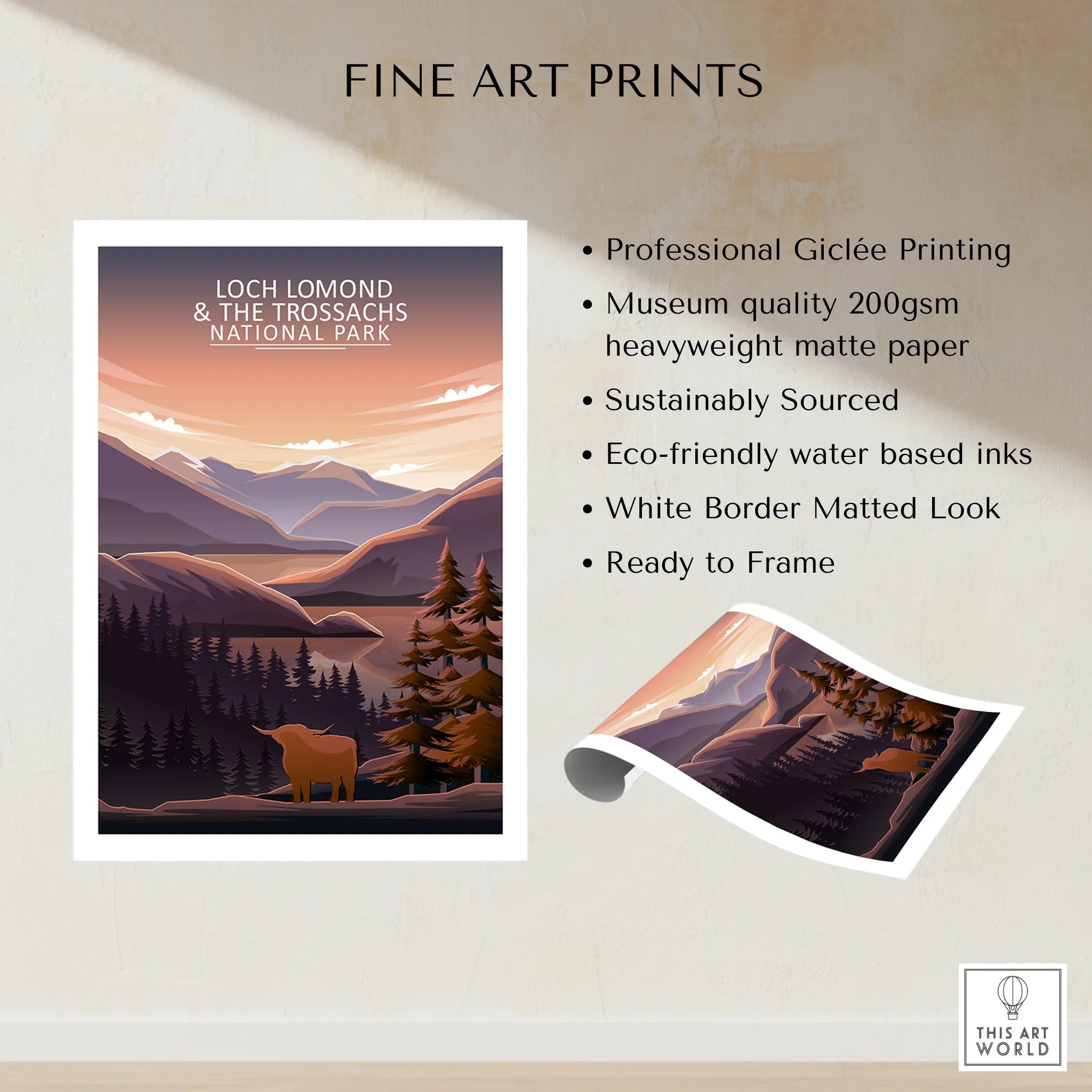 Loch Lomond and The Trossachs National Park fine art print with scenic mountain landscape and highland cow illustration, unframed and ready to display.