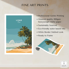Lomé Togo Travel Posters | West African Beach & Palms Wall Art Print showcasing palm trees and sandy beach.