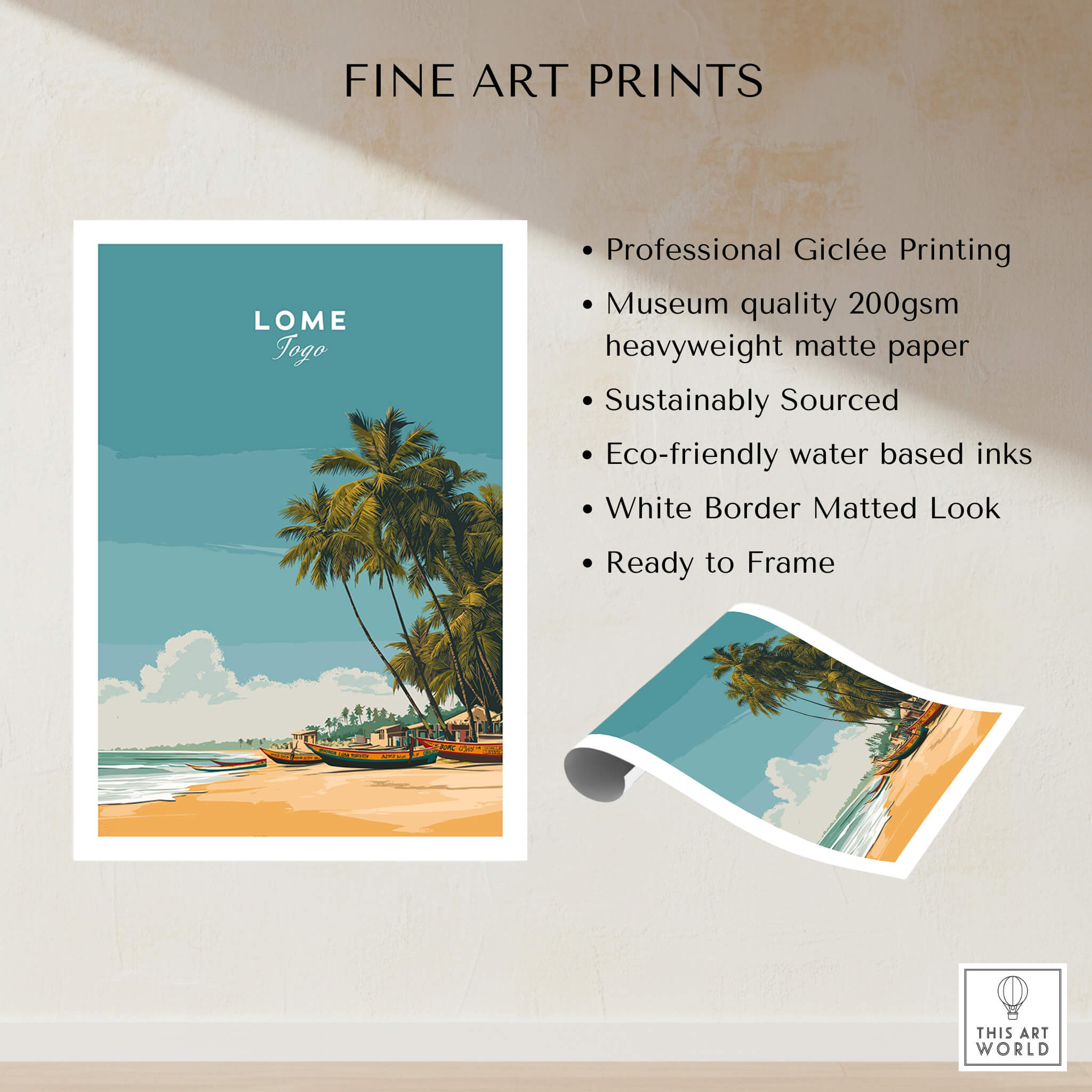 Lomé Togo Travel Posters | West African Beach & Palms Wall Art Print showcasing palm trees and sandy beach.