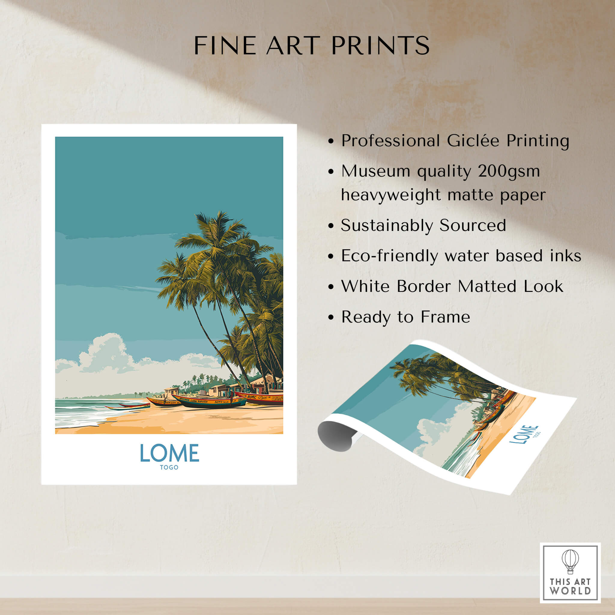 Lomé Togo Canvas Print | Tropical Coastal Village Scene Posters showcasing palm trees and tranquil waters.