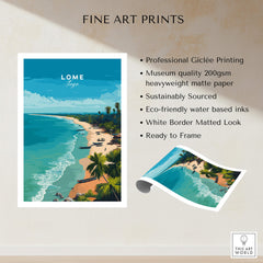 Lomé Togo Wall Art Print | Tropical Beach Travel Poster featuring vibrant beach scene with turquoise waters and palm trees.