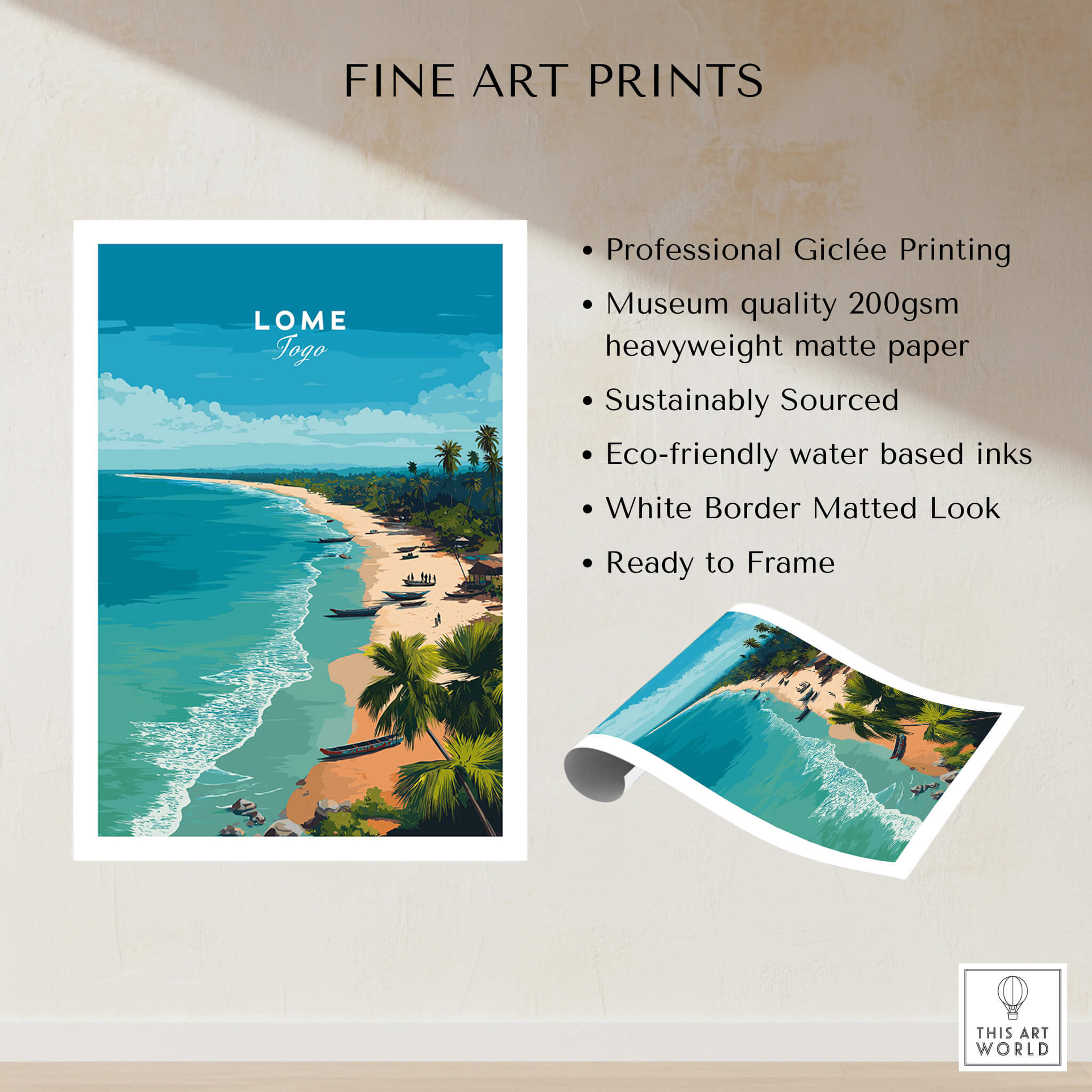 Lomé Togo Wall Art Print | Tropical Beach Travel Poster featuring vibrant beach scene with turquoise waters and palm trees.