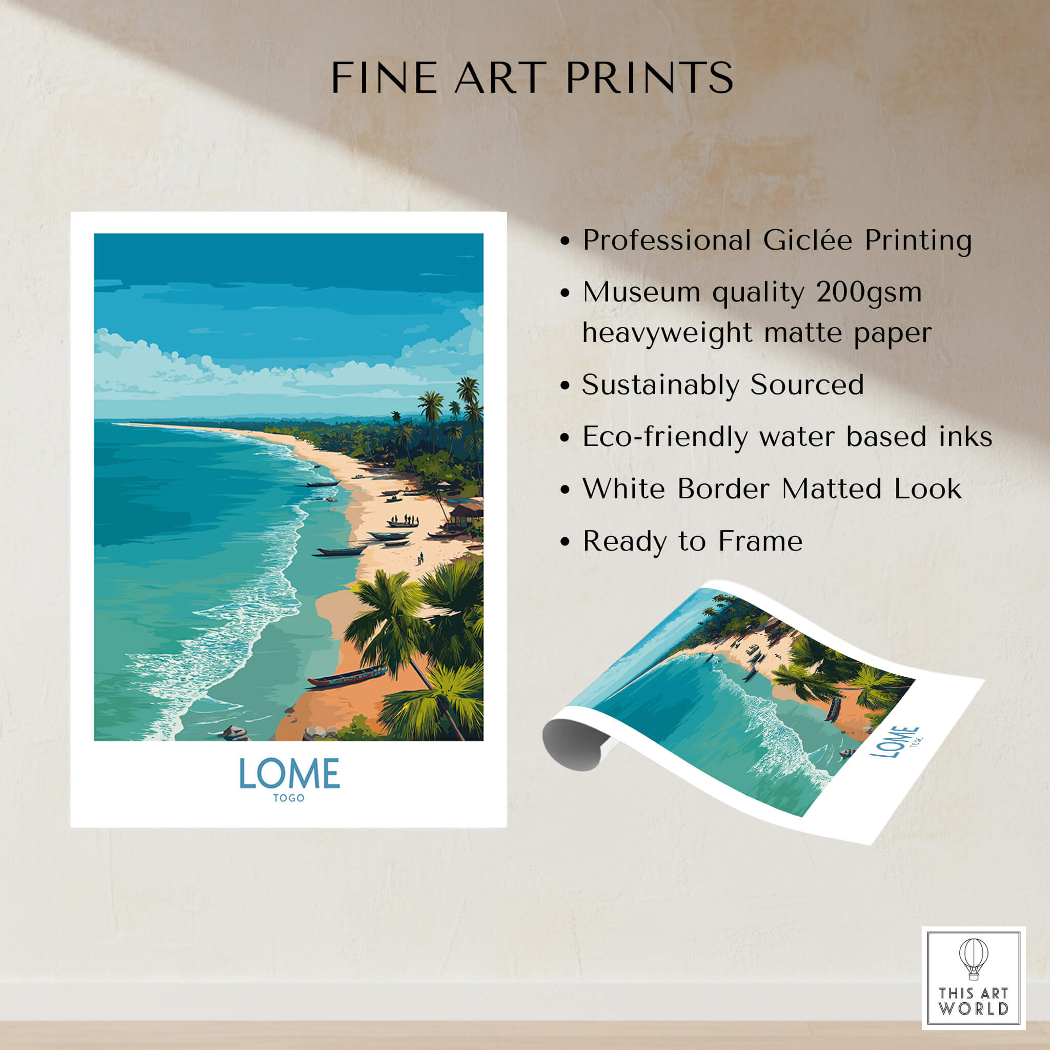 Lomé Togo Poster | West African Coastline Canvas Print showcasing stunning beach and palm trees