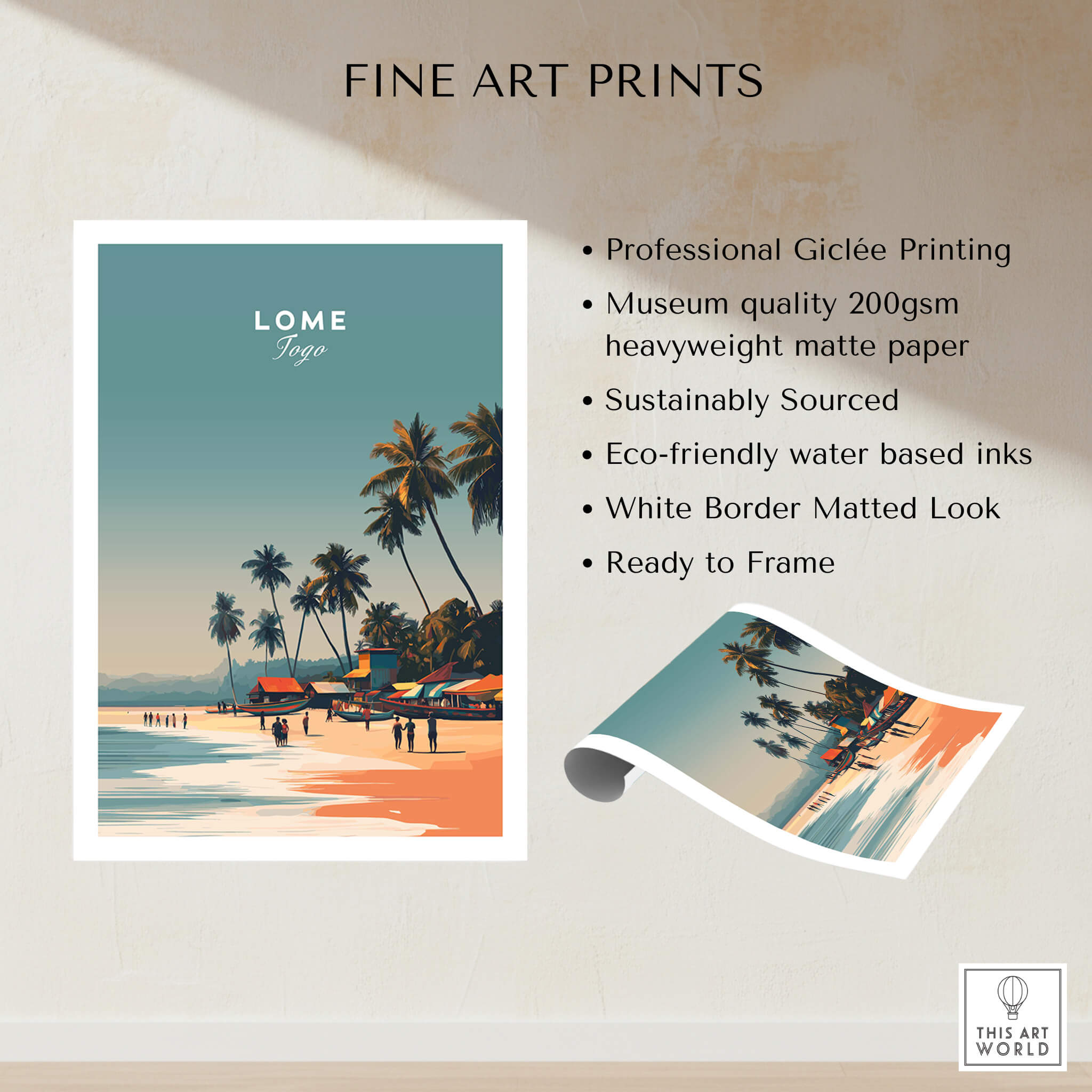 Lome Togo Poster Print Africa showcasing a beautiful beach scene with vibrant colors and palm trees.