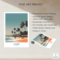 Lome Wall Art Print Africa Travel Poster showcasing vibrant beach scene, palm trees, and colorful cultural imagery.