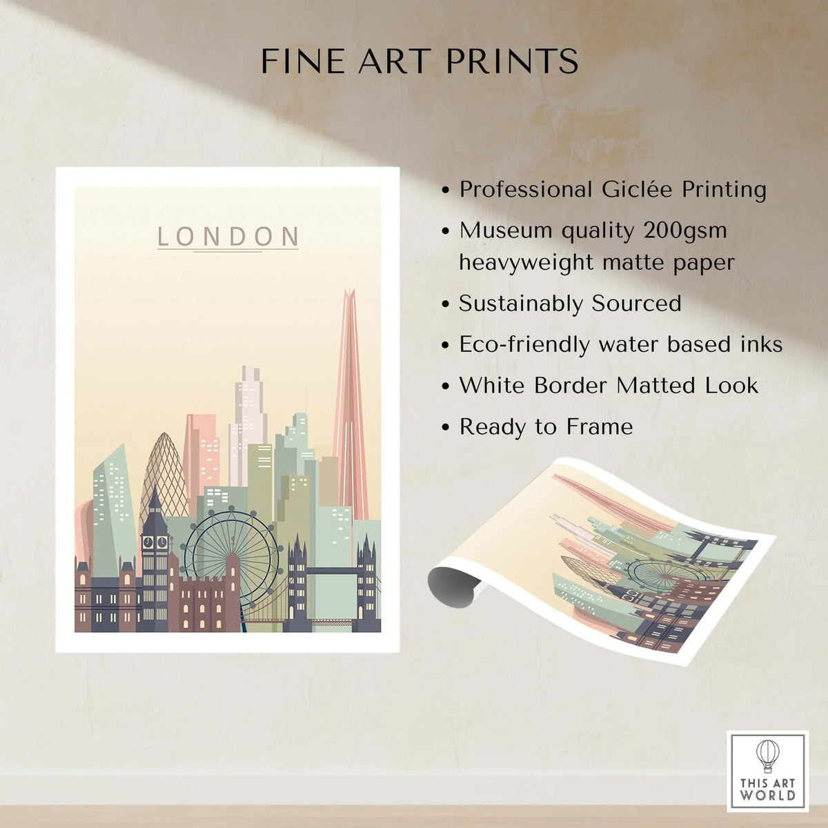 London Skyline Print | Wall Art showcasing iconic London skyline in beige tones with professional Giclée printing.