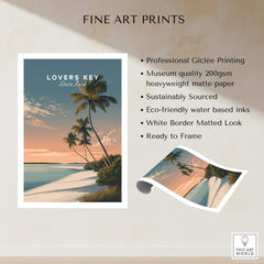 Lovers Key Travel Poster | Florida Sunset Palm Trees Wall Art Print with professional Giclée printing and eco-friendly inks.