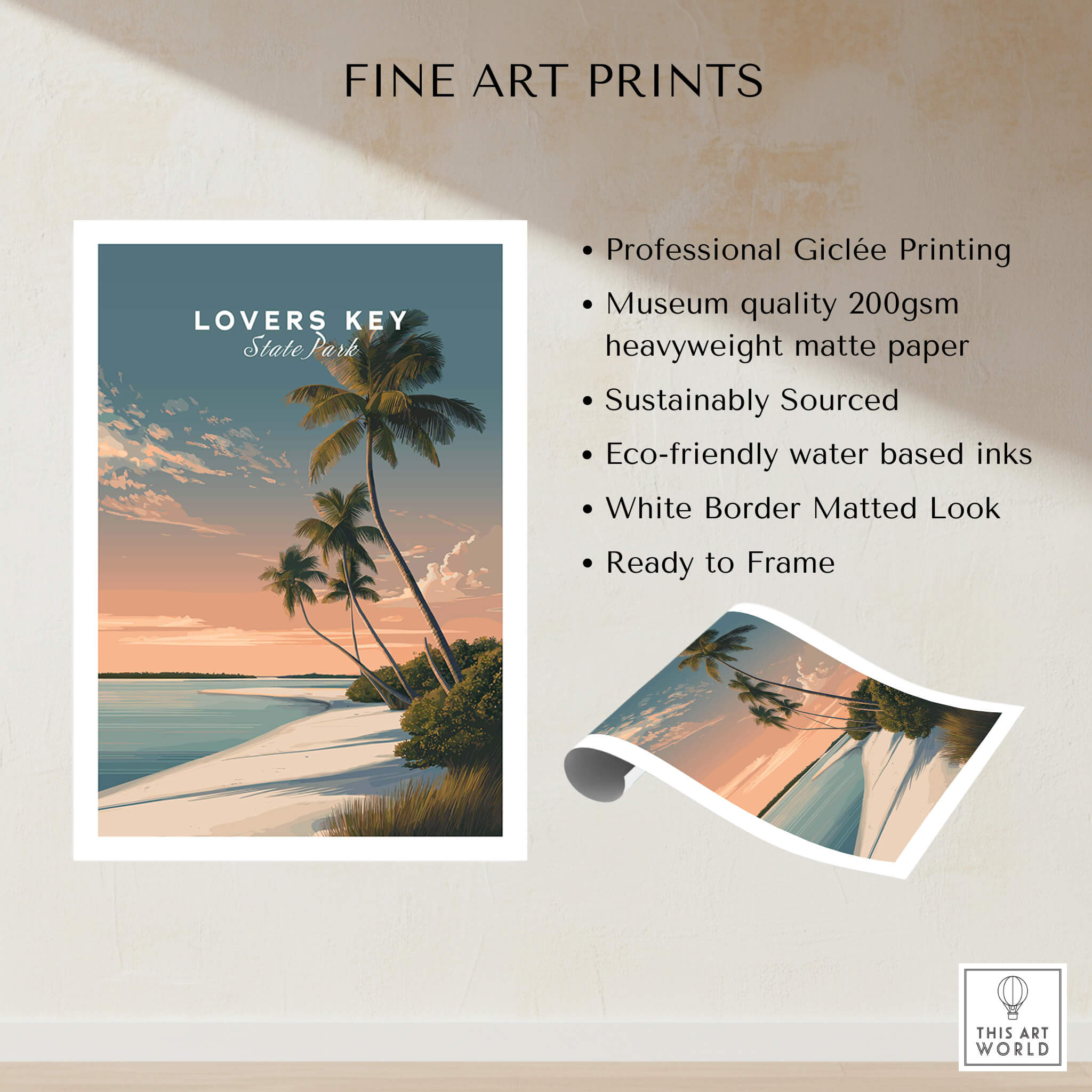 Lovers Key Travel Poster | Florida Sunset Palm Trees Wall Art Print with professional Giclée printing and eco-friendly inks.