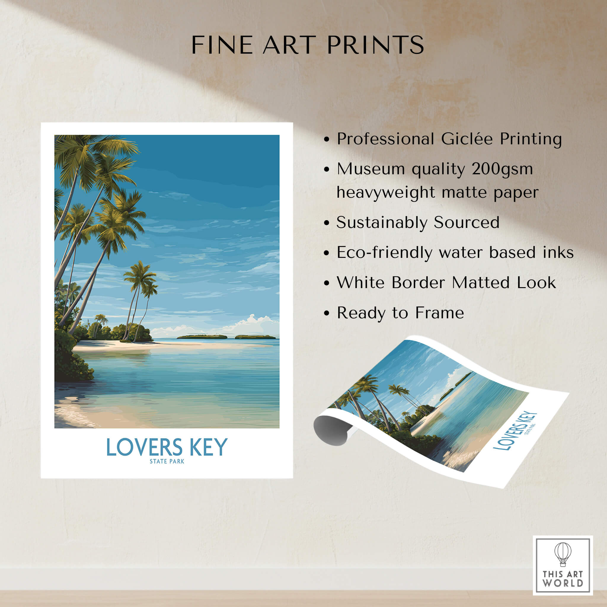 Lovers Key Poster | Florida Canvas Print showcasing a scenic beach with palm trees, ready to frame and add coastal charm.