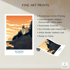 Acadia National Park art print showing a lighthouse on a rocky cliff at sunset, with pine trees.