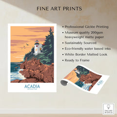 Acadia National Park art print with lighthouse, rocky coast, sunset sky, and white border.