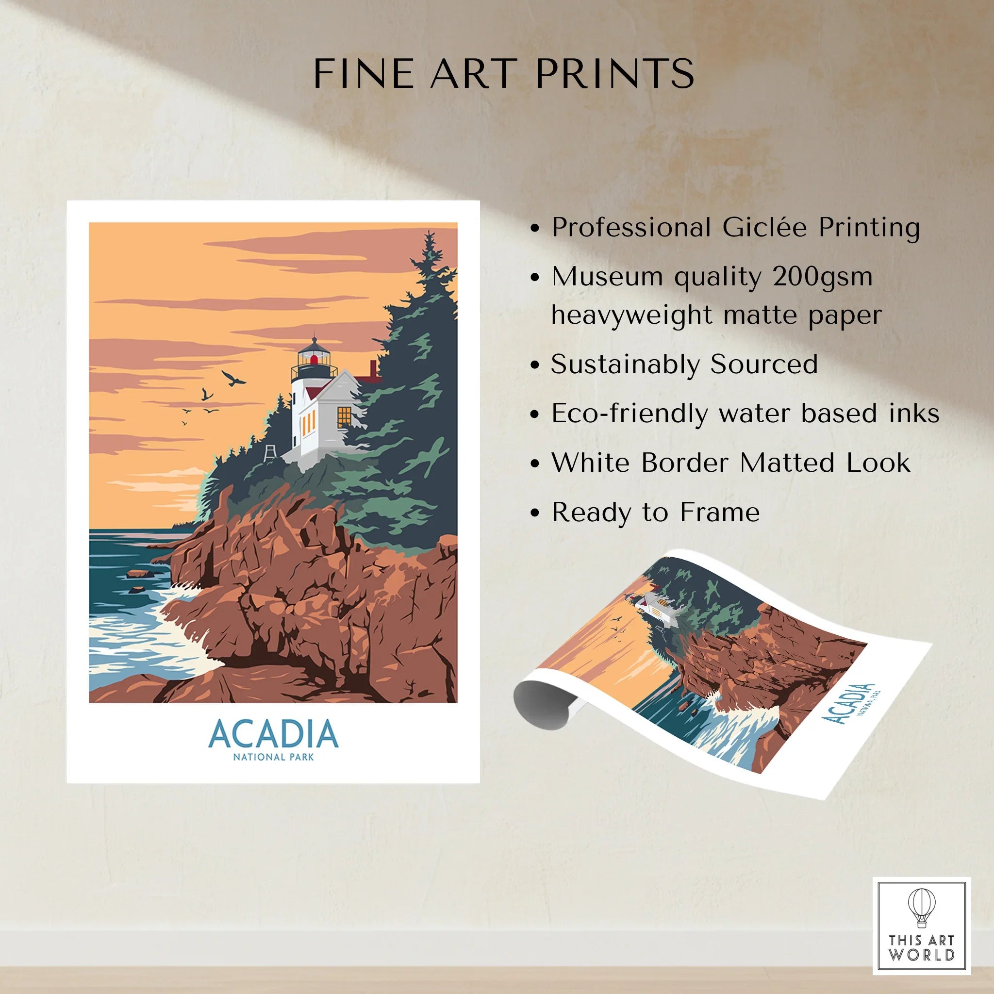Acadia National Park art print with lighthouse, rocky coast, sunset sky, and white border.