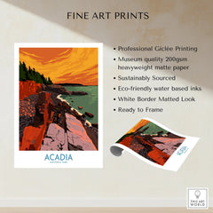 Acadia National Park art print with vibrant coast landscape and product quality details.