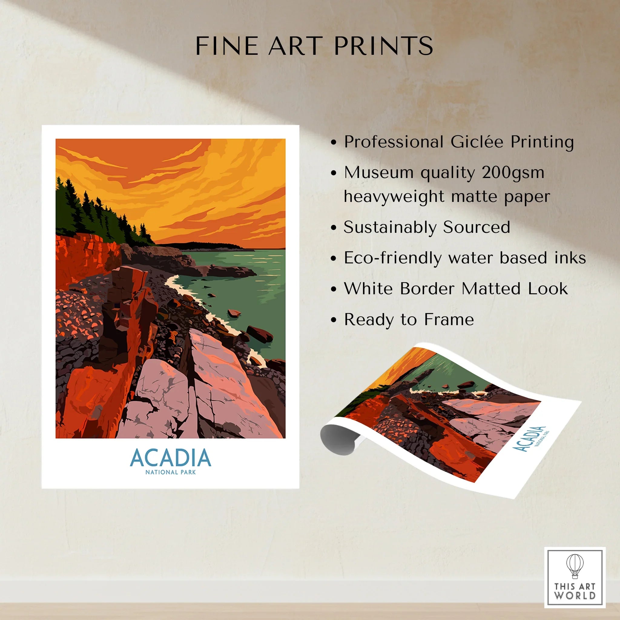 Acadia National Park art print with vibrant coast landscape and product quality details.