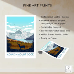 Aoraki Mount Cook National Park fine art print with mountain, lake, and deer illustration.