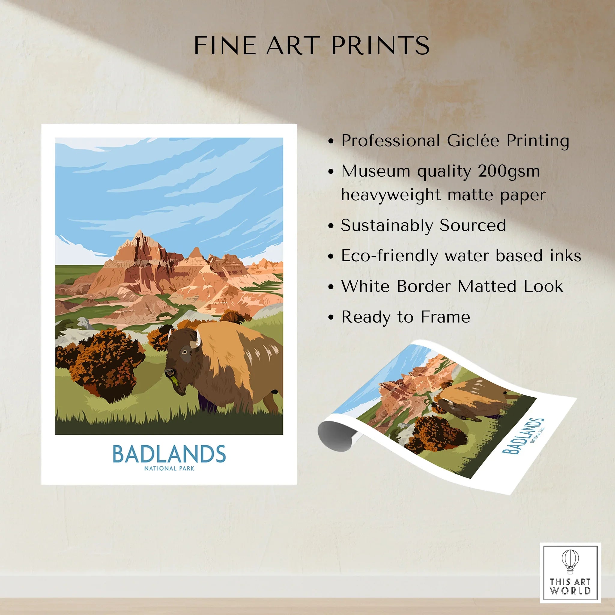 Badlands National Park art print with bison and butte landscape, unframed fine art poster