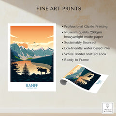 Banff National Park fine art print with mountains, lake, and moose silhouette, unframed