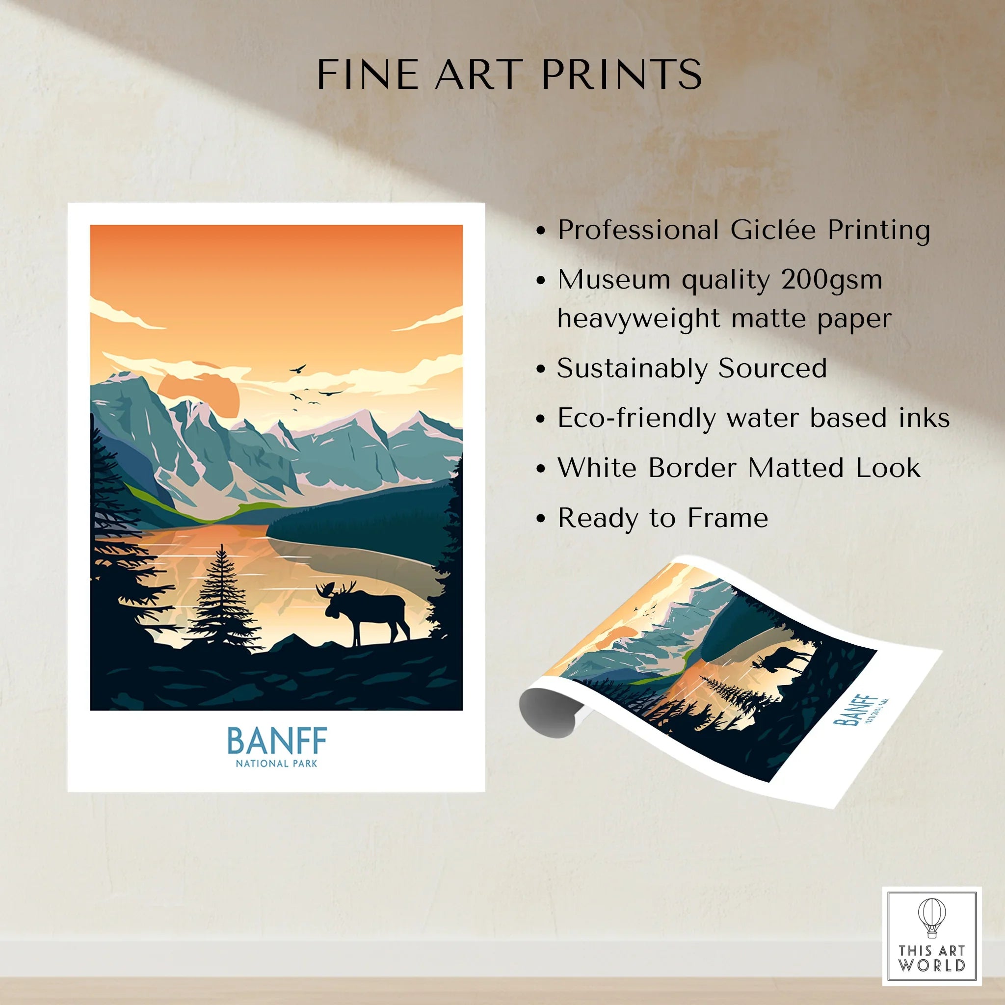 Banff National Park fine art print with mountains, lake, and moose silhouette, unframed