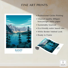 Banff National Park fine art print with mountains, lake, and pine trees, unframed wall art poster