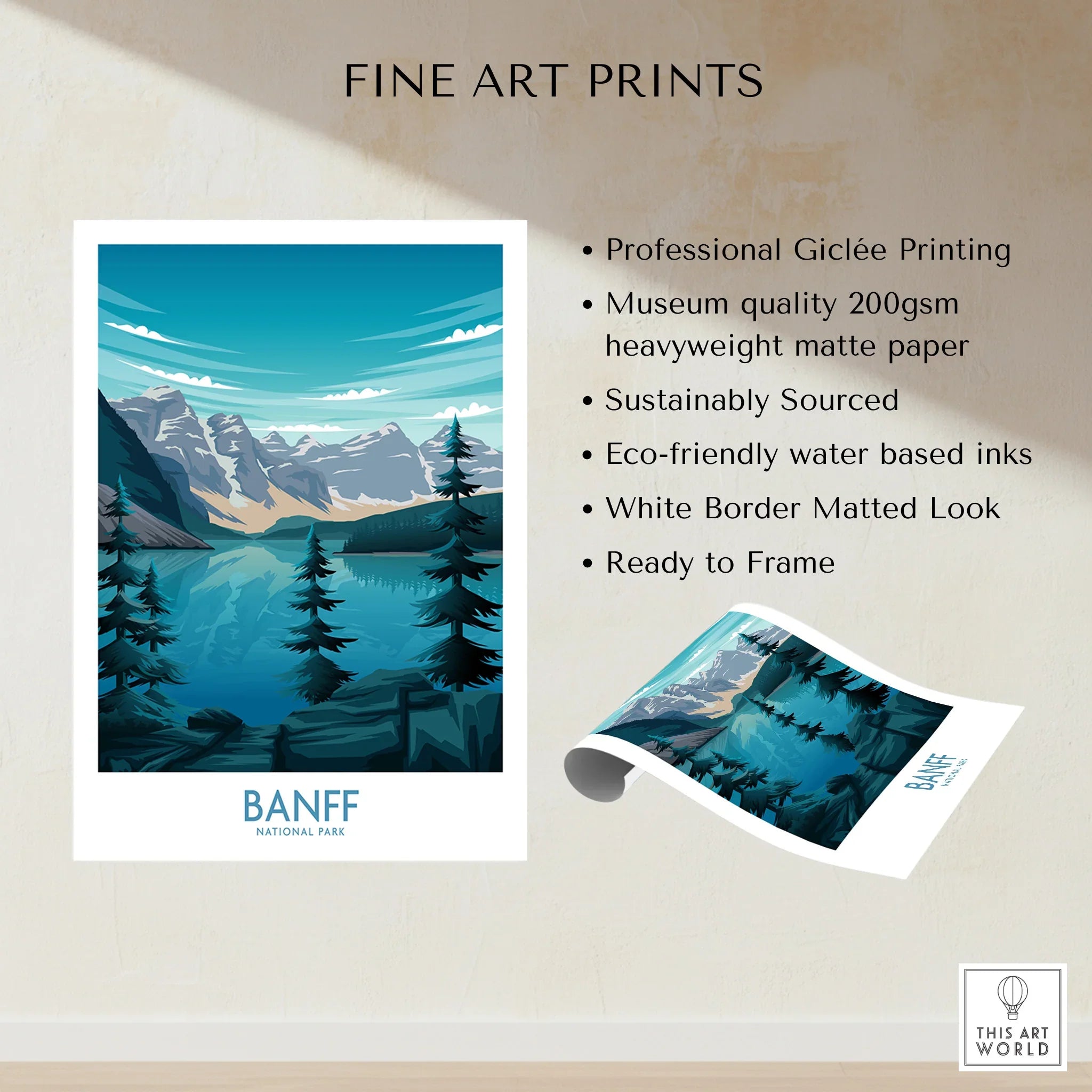Banff National Park fine art print with mountains, lake, and pine trees, unframed wall art poster