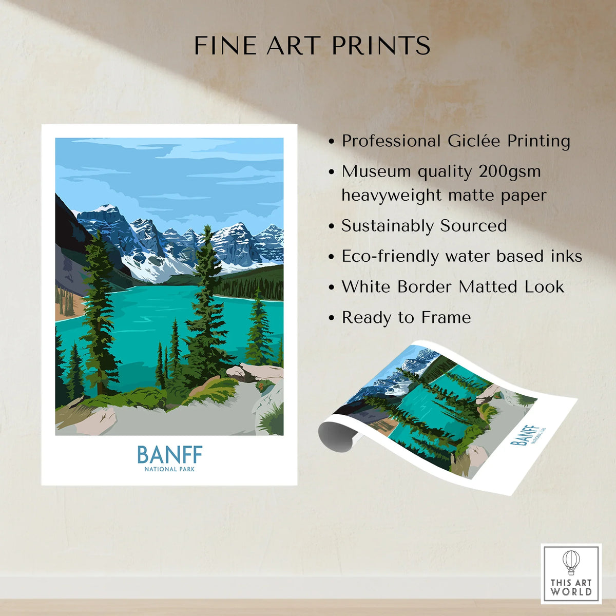 Banff National Park fine art print with turquoise lake, pine trees, and snowy mountains