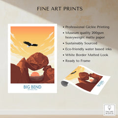 Big Bend National Park fine art print with sunset, rock formations, and soaring eagle.