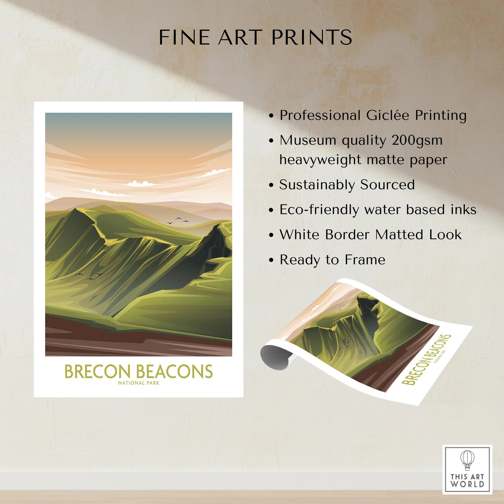 Brecon Beacons National Park art print with green mountain landscape, unframed, eco-friendly paper