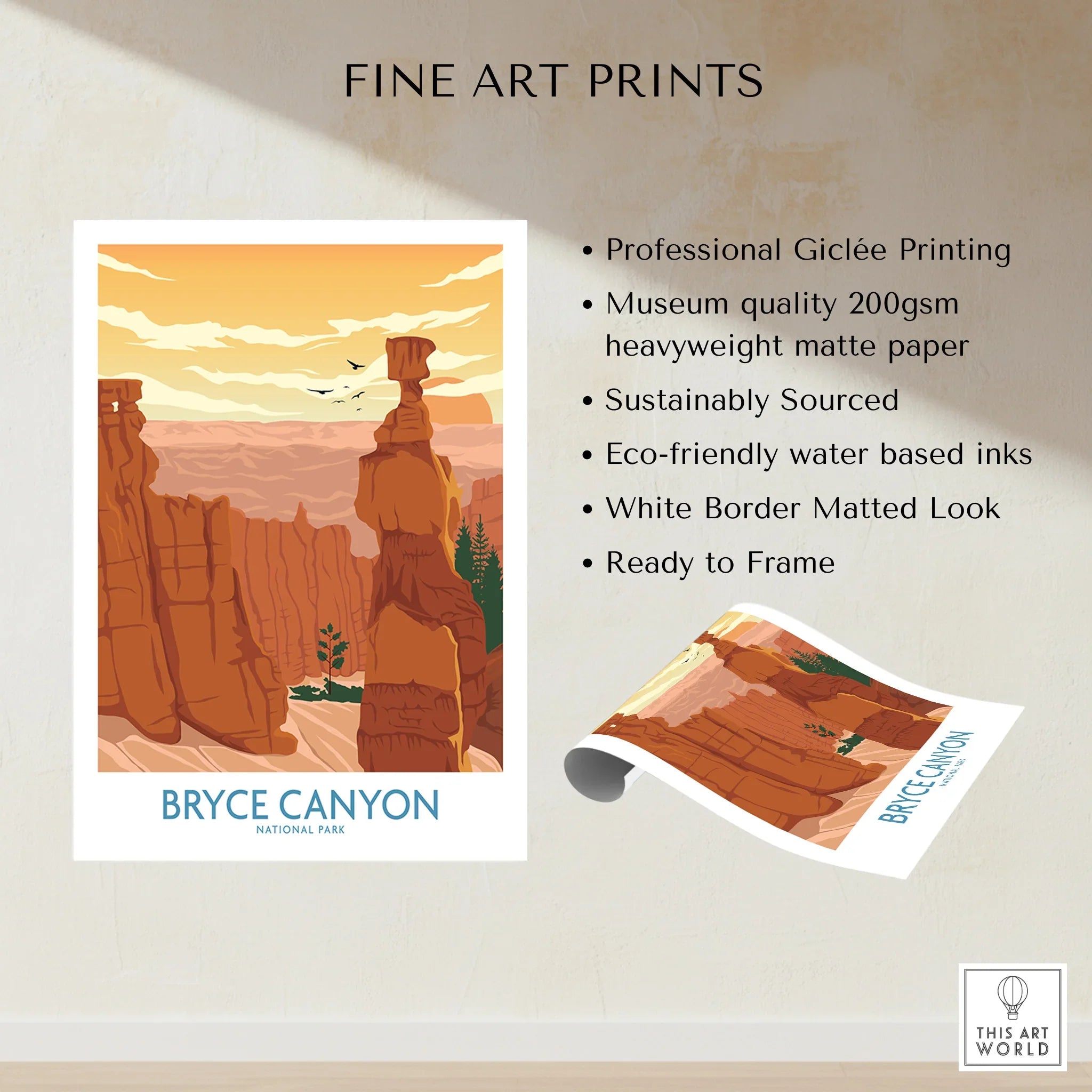 Bryce Canyon National Park art print with hoodoo rock formations and sunset, unframed wall art.