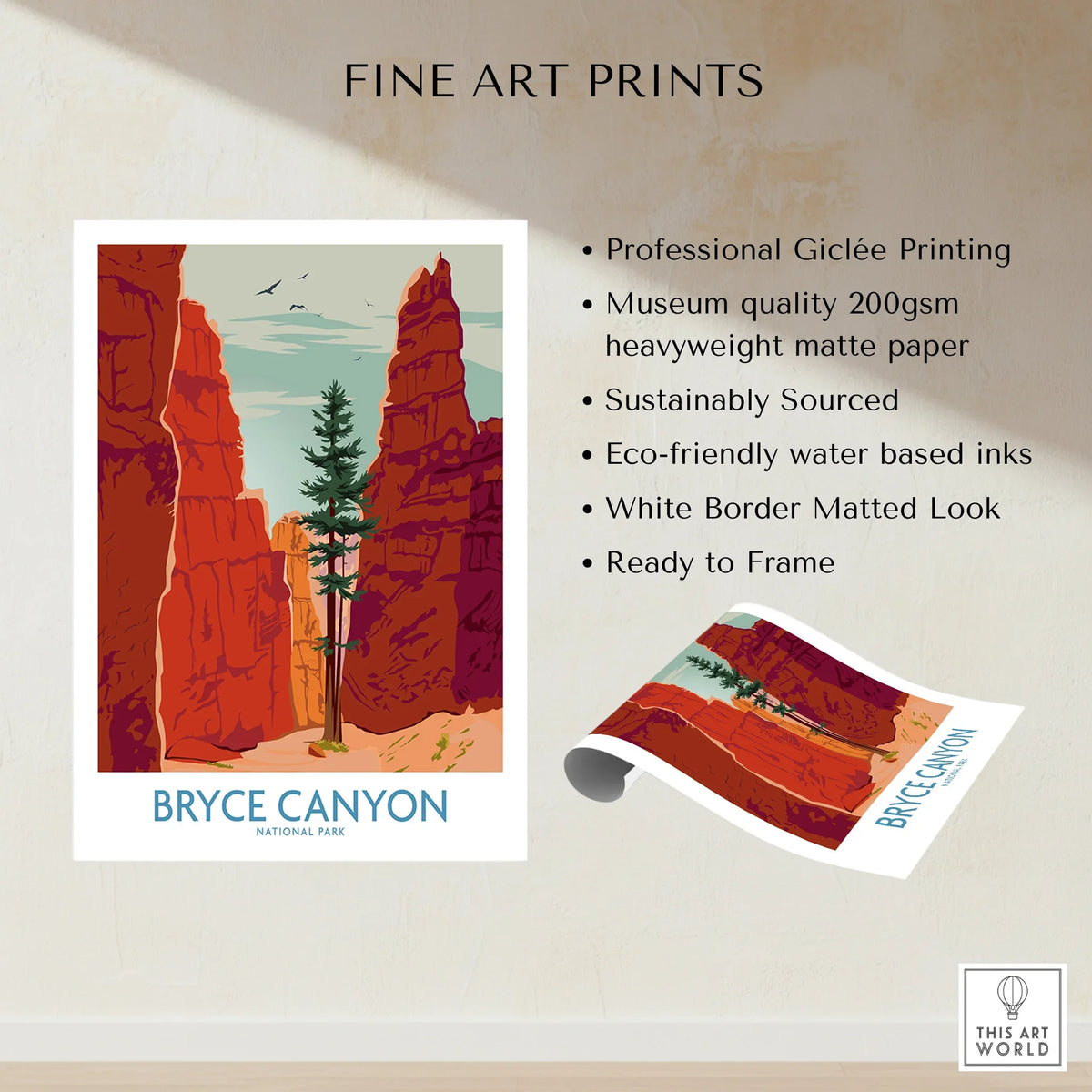 Bryce Canyon National Park wall art print featuring red rock formations and pine tree.