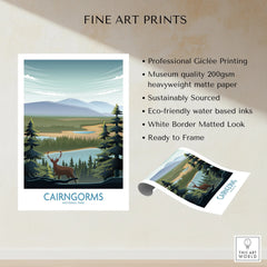 Cairngorms National Park art print with stag, pine trees, mountains, eco-friendly matte paper details