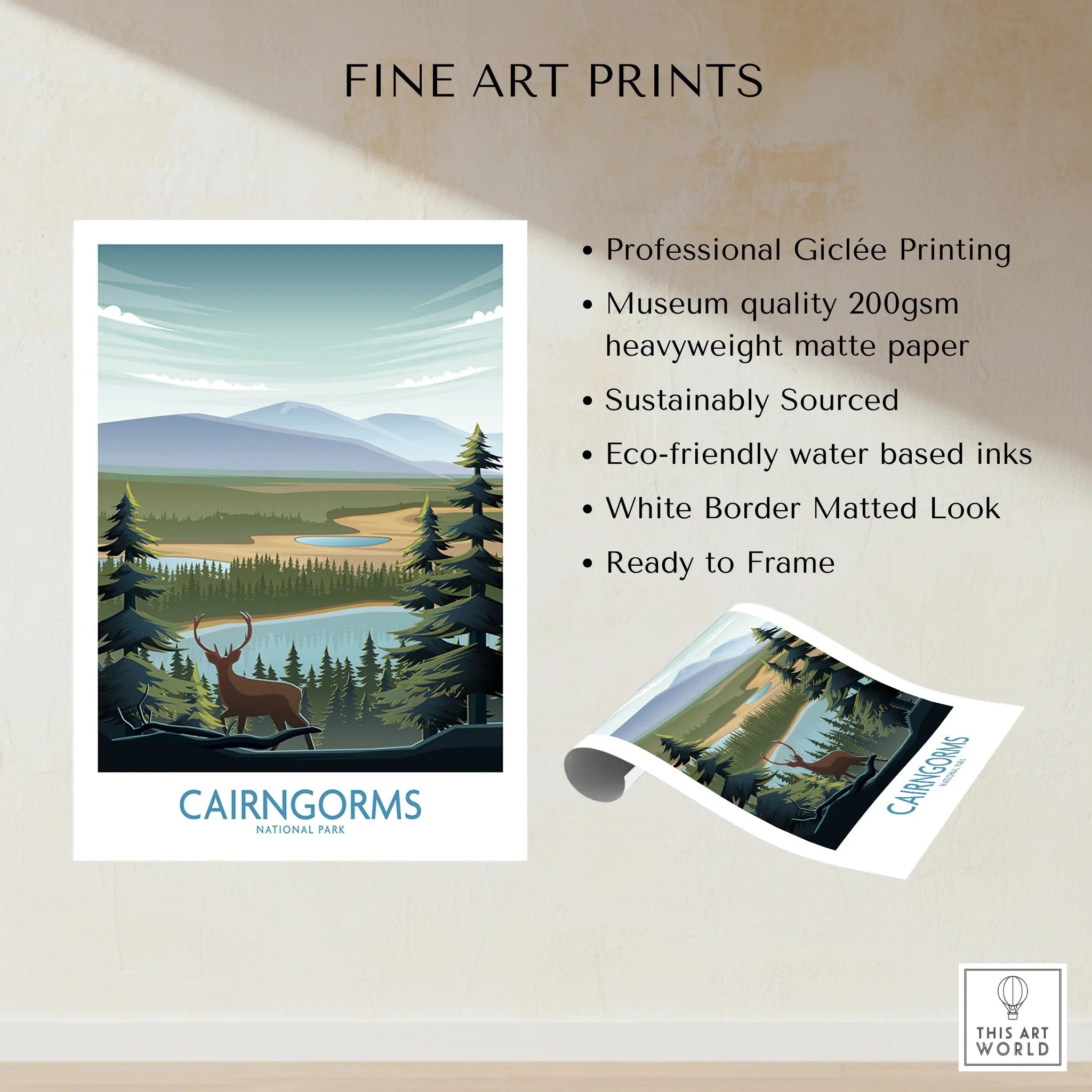 Cairngorms National Park art print with stag, pine trees, mountains, eco-friendly matte paper details