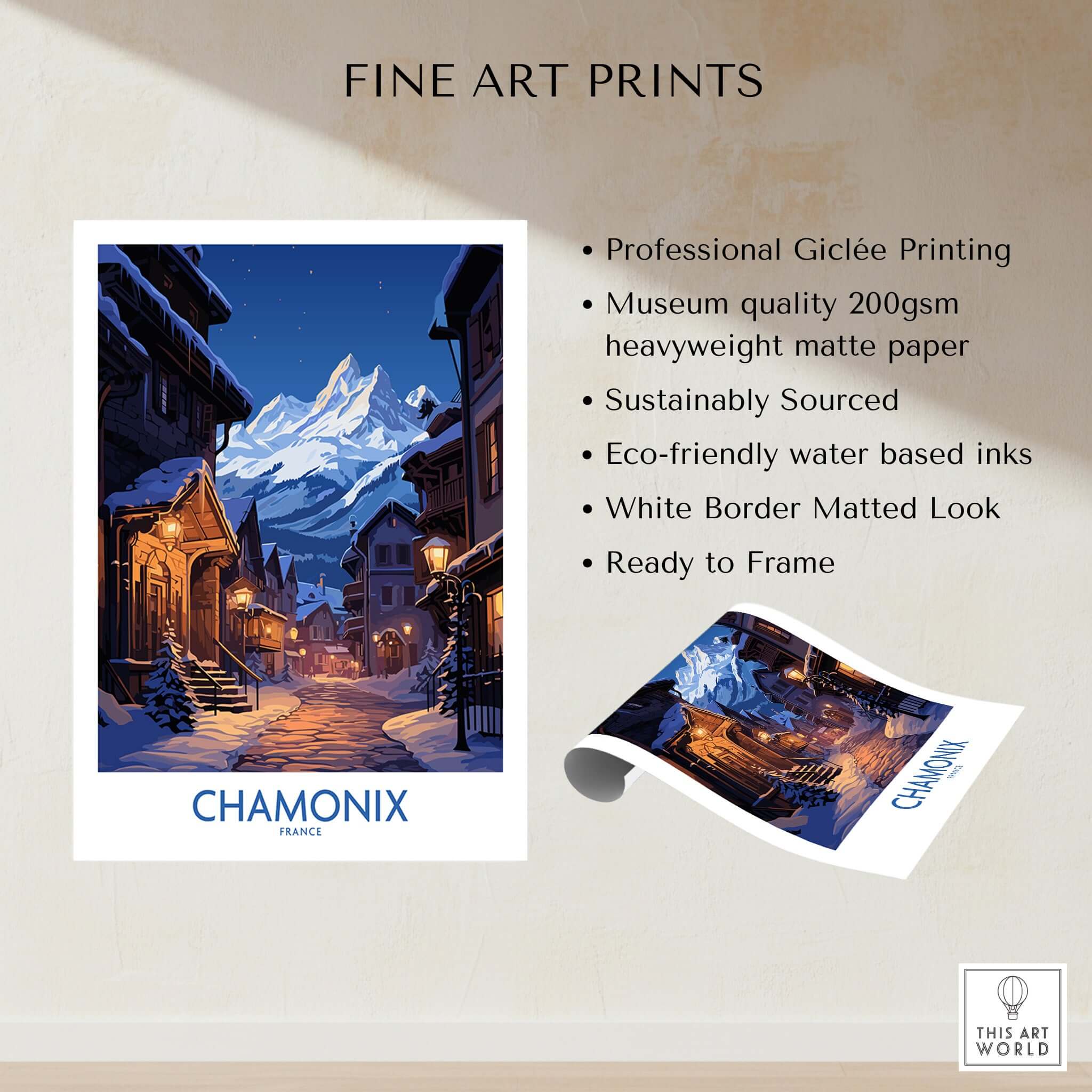 Chamonix Print ski poster showcasing a snowy mountain scene, perfect for home decor and gifts.