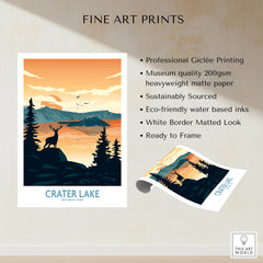 Crater Lake National Park art print with deer silhouette, pine trees, and sunset landscape.