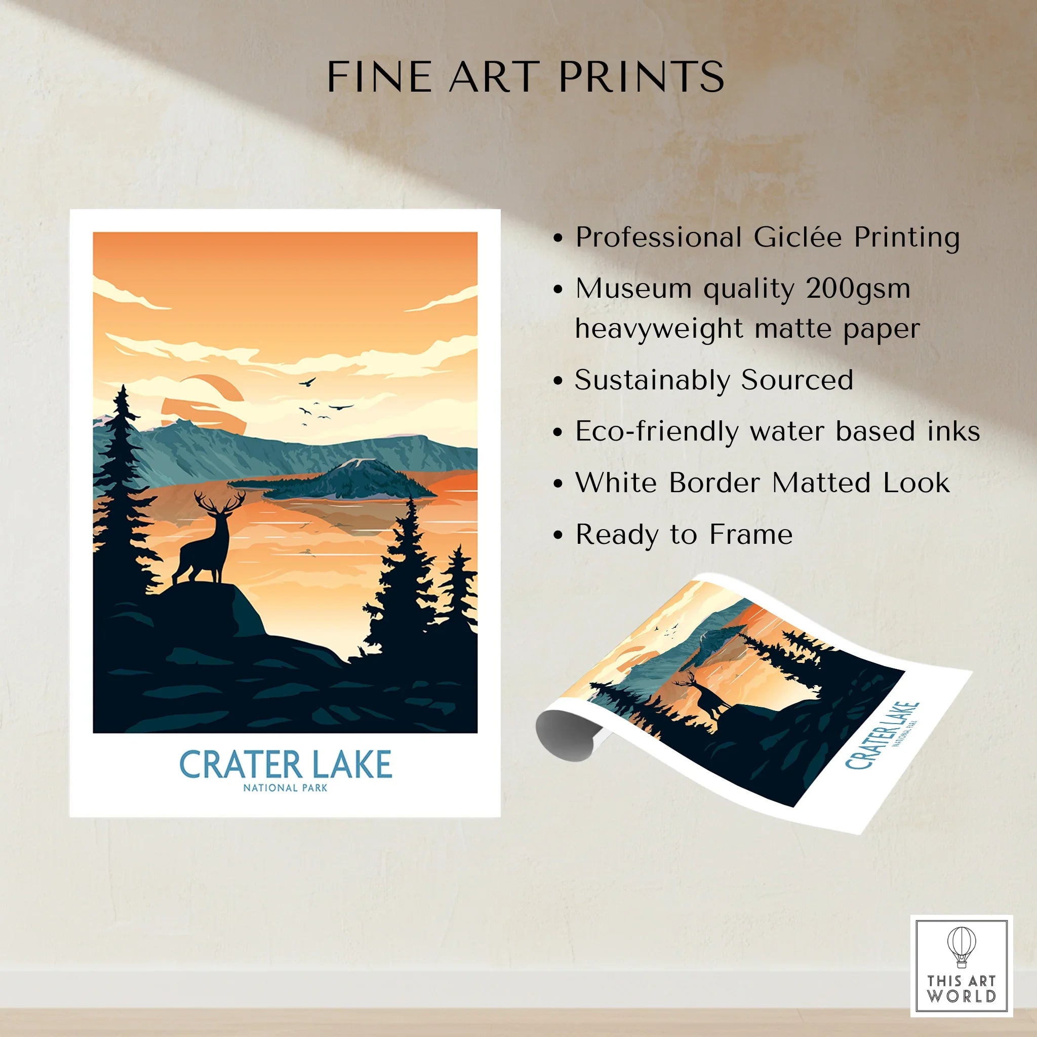 Crater Lake National Park art print with deer silhouette, pine trees, and sunset landscape.