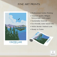 Crater Lake National Park art print with lake, mountains, trees, and soaring bird illustration.