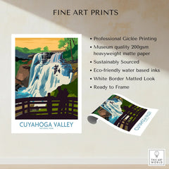 Cuyahoga Valley National Park art print featuring a waterfall and silhouetted figures on a boardwalk.
