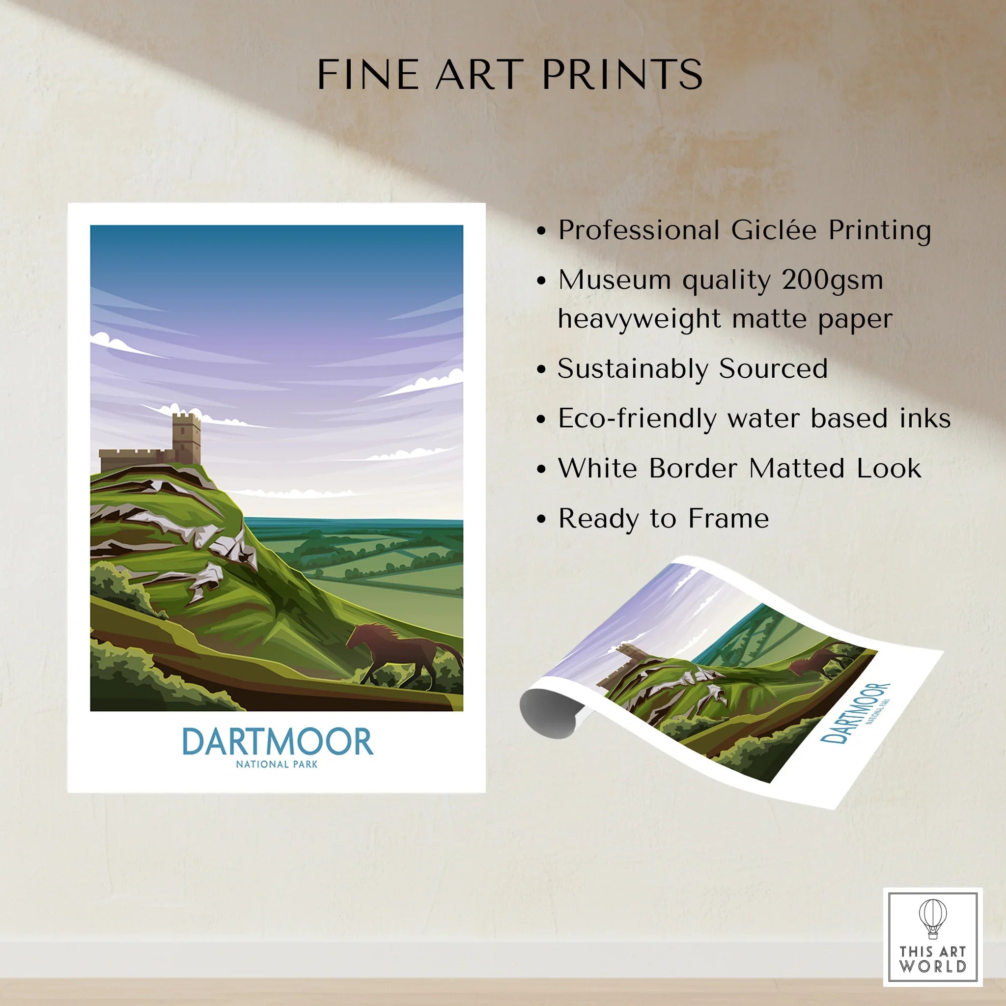 Dartmoor National Park fine art print with castle, hills, and horse, unframed on matte paper.