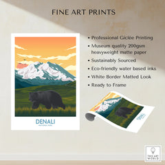 Denali National Park fine art print with bear, mountain landscape, and sunset, unframed wall art.