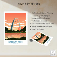 Gateway Arch National Park fine art print with sunset, lake reflection, and eco-friendly details.