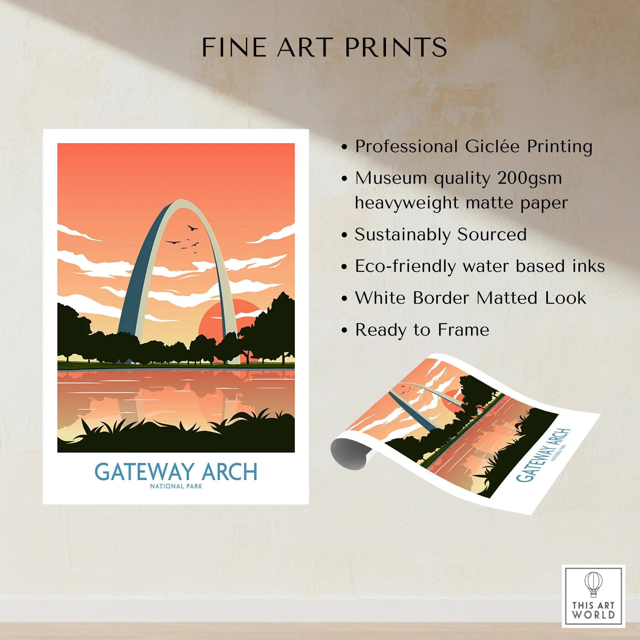Gateway Arch National Park fine art print with sunset, lake reflection, and eco-friendly details.