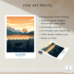 Glacier National Park fine art print featuring sunset landscape, forest, mountains, and wildlife.