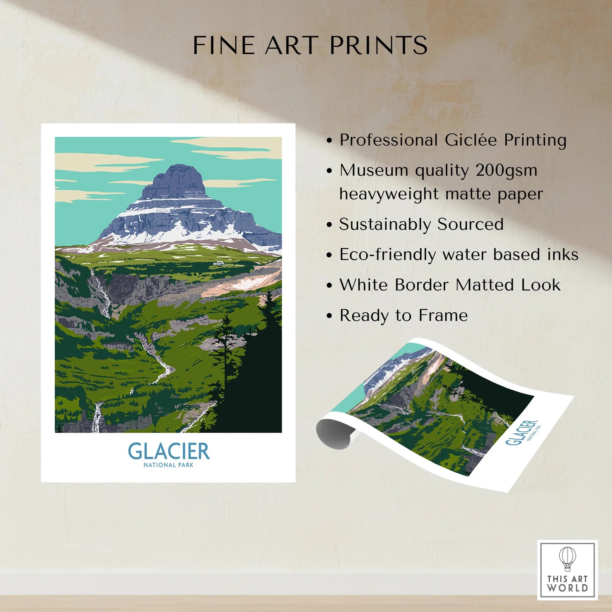 Glacier National Park fine art print with mountain landscape and unframed quality details