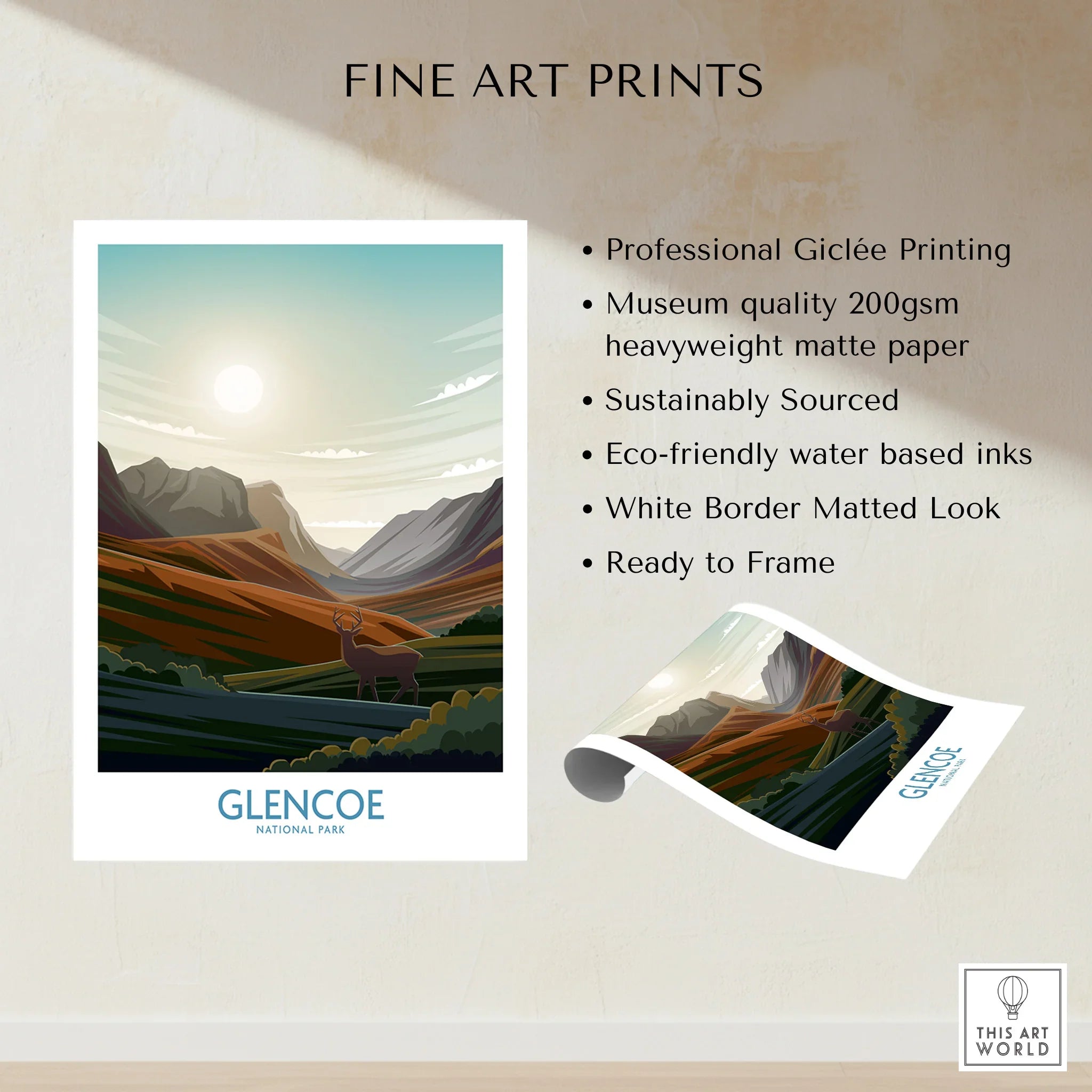 Glencoe National Park art print with scenic landscape, mountains, and deer, unframed