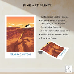 Grand Canyon National Park art print with sunset canyon view, soaring bird, and quality details.