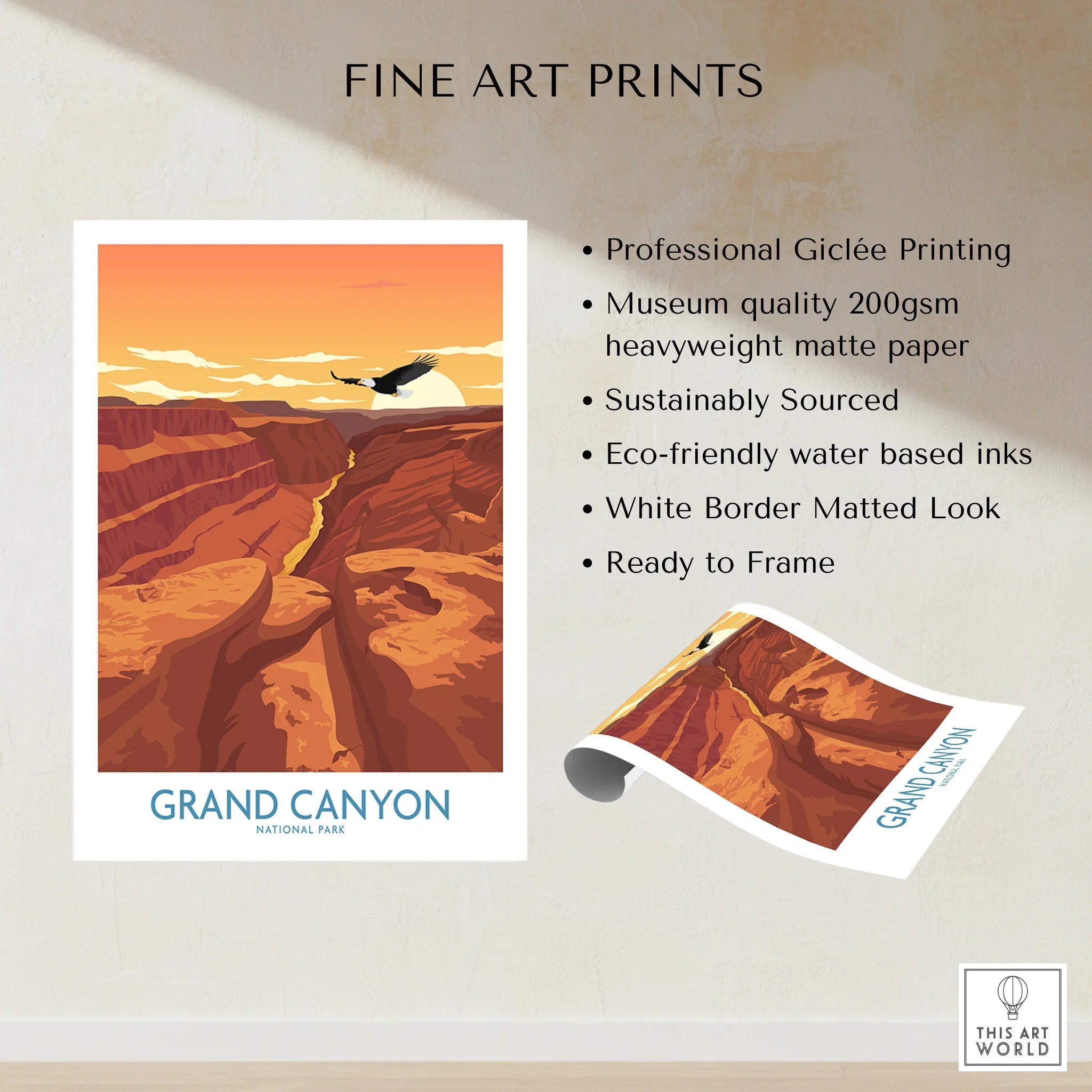 Grand Canyon National Park art print with sunset canyon view, soaring bird, and quality details.