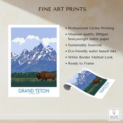 Grand Teton National Park art print with bison and mountain landscape, unframed fine art poster