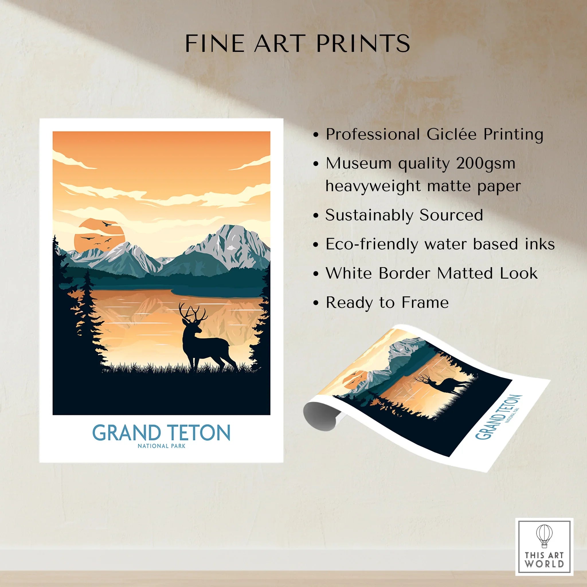 Grand Teton National Park art print with deer silhouette, mountains, lake, and sunset colors
